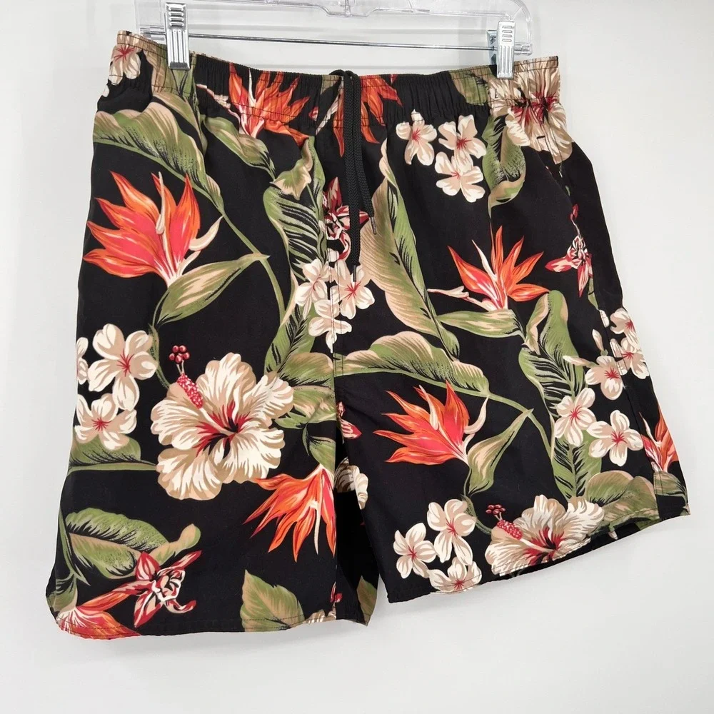 Pussers West Indies Mens Tropical Floral Swim Trunks Black Large 6.5 Inch Inseam